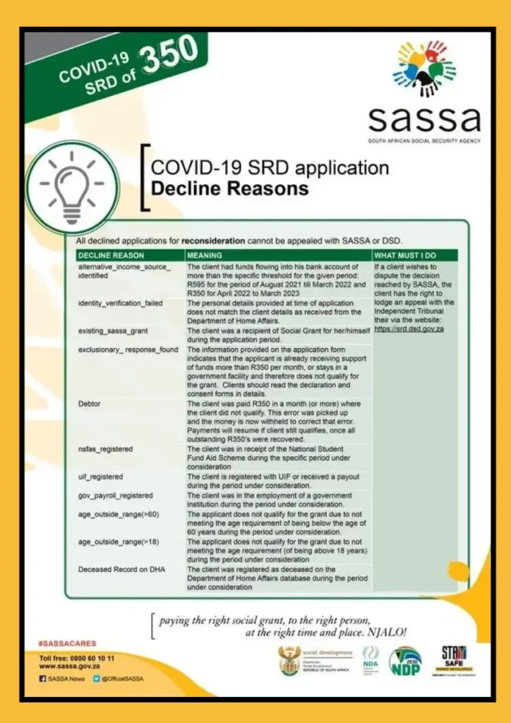 SASSA SRD Appeal Declination Main Reasons